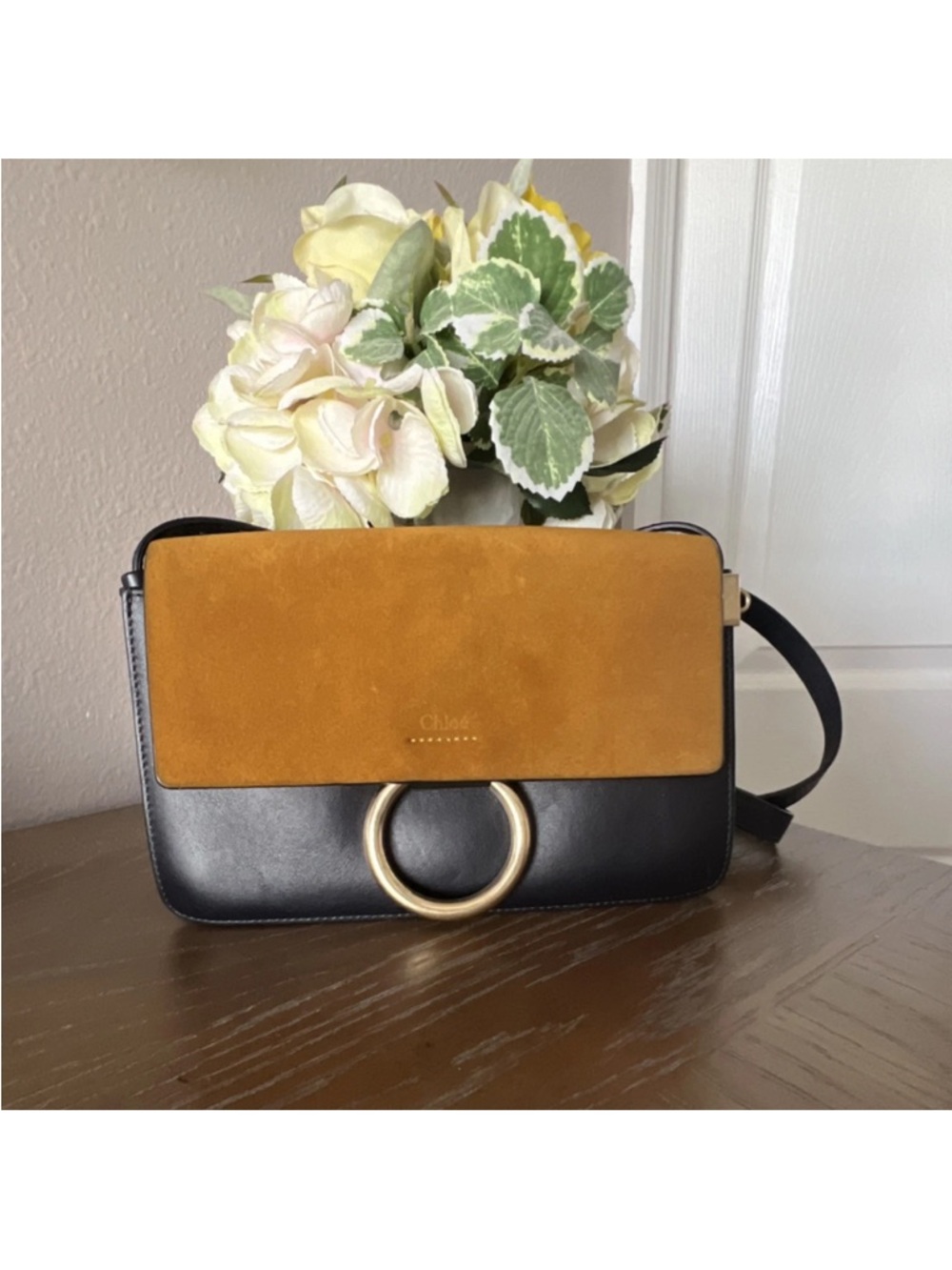 Chloe Faye Medium Two-Tone Leather and Suede Shoulder Bag in Mustard/Black